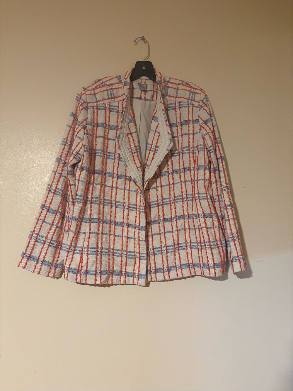 Chico's White Tweed Plaid Blazer with Red & Light Blue Stripes